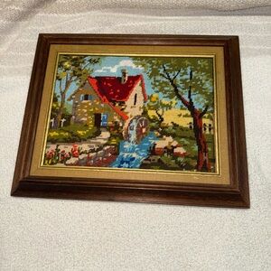 Needlepoint Vintage Picture Framed Cabin Watermill
